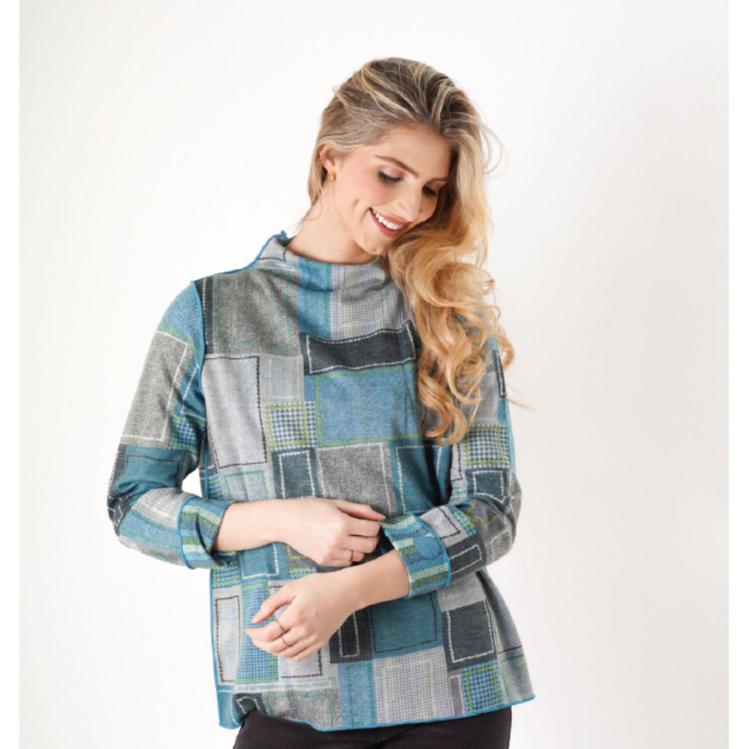 Trisha Tyler Reversible Patchwork Mock Neck Top-Teal Multi
