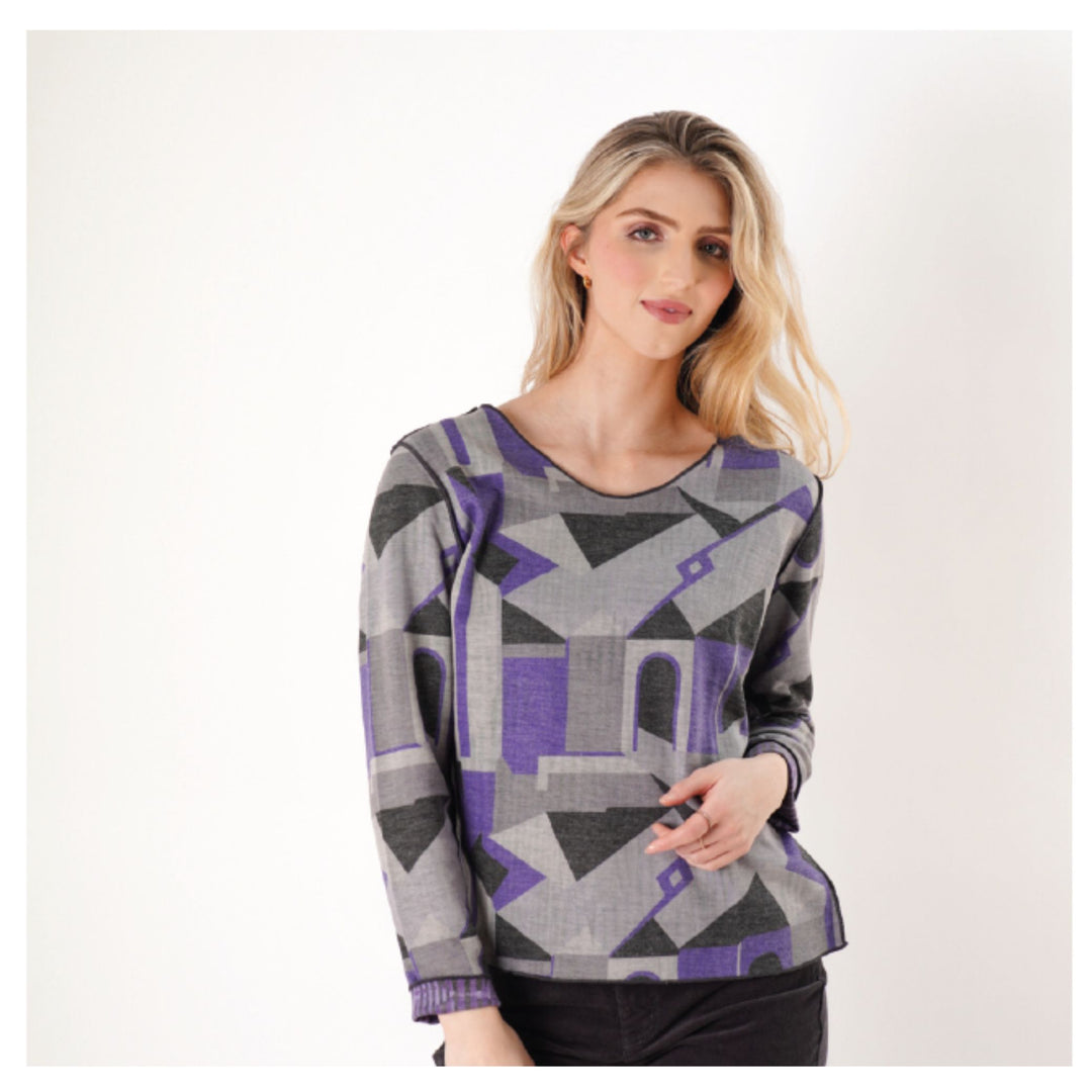 Trisha Tyler Purple Multi Abstract V-Neck Top