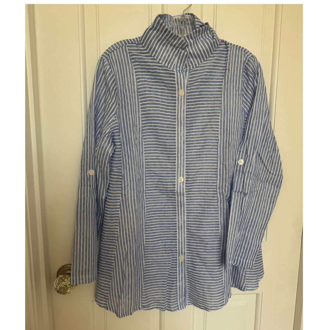 Coastal Blue Stripe Button Down Shirt Jacket