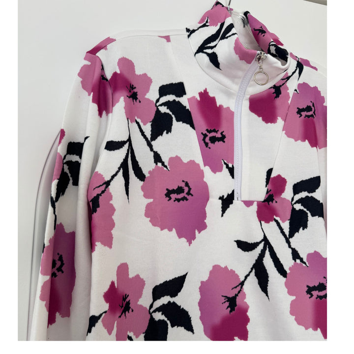 Floral Quarter Zip, Long Sleeve Pullover Top