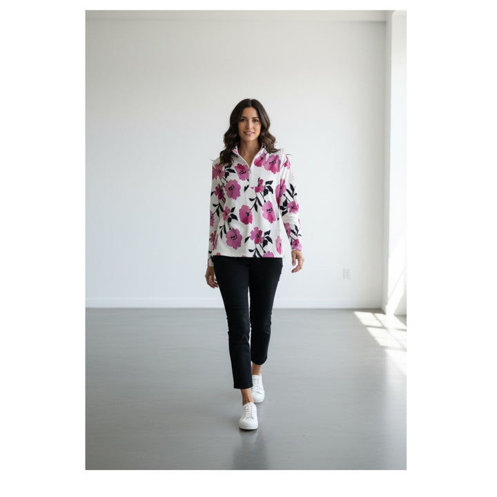Floral Quarter Zip, Long Sleeve Pullover Top