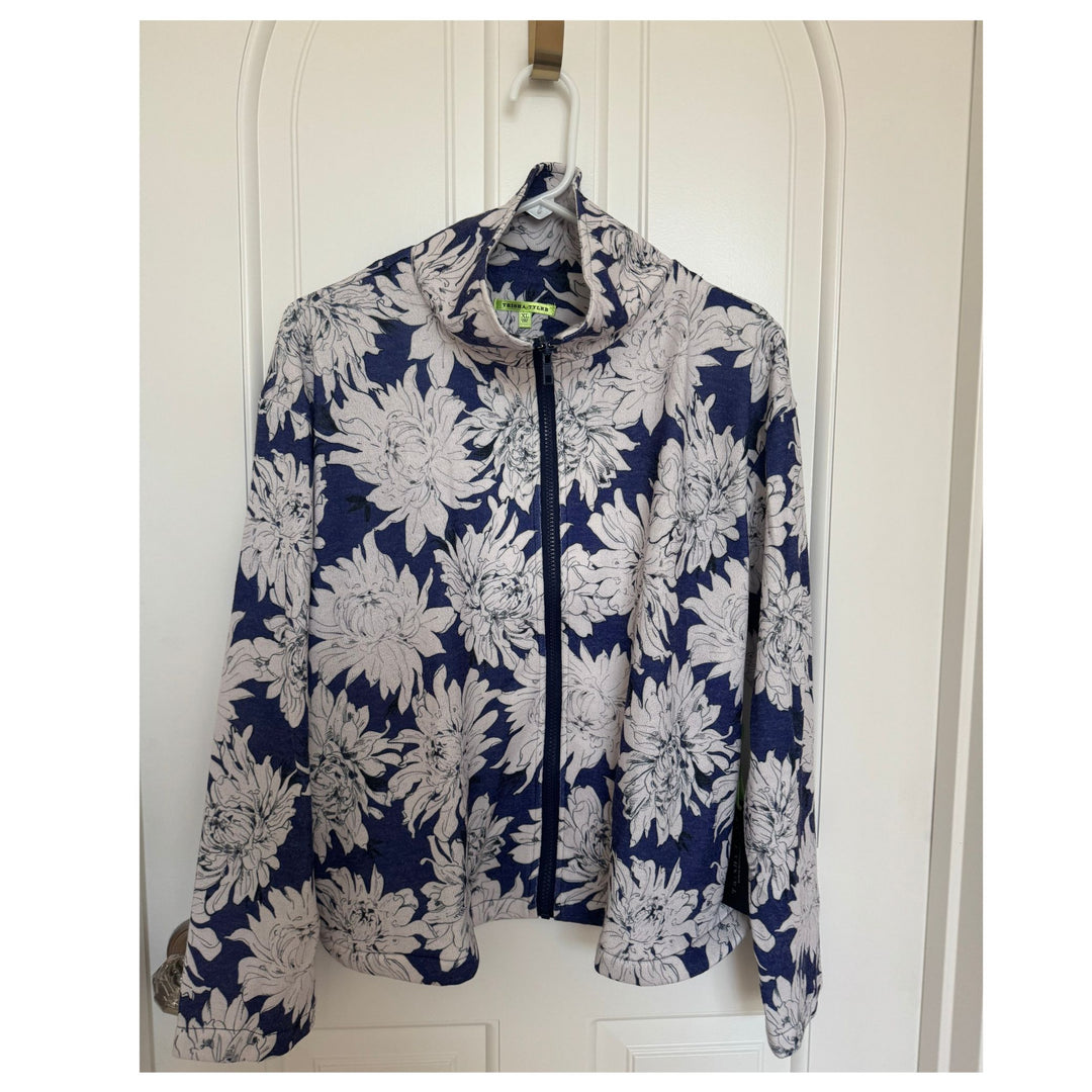 Navy Floral French Terry Zip-Front Cardigan – Lightweight Versatile Layer