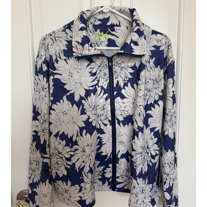 Navy Floral French Terry Zip-Front Cardigan – Lightweight Versatile Layer