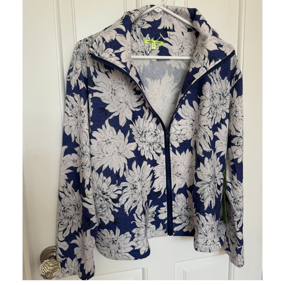Navy Floral French Terry Zip-Front Cardigan – Lightweight Versatile Layer