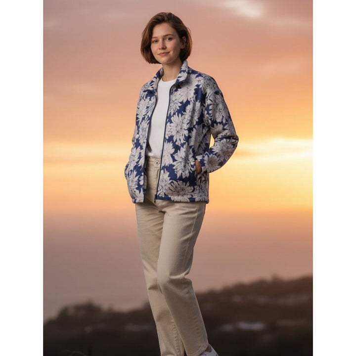 Navy Floral French Terry Zip-Front Cardigan – Lightweight Versatile Layer