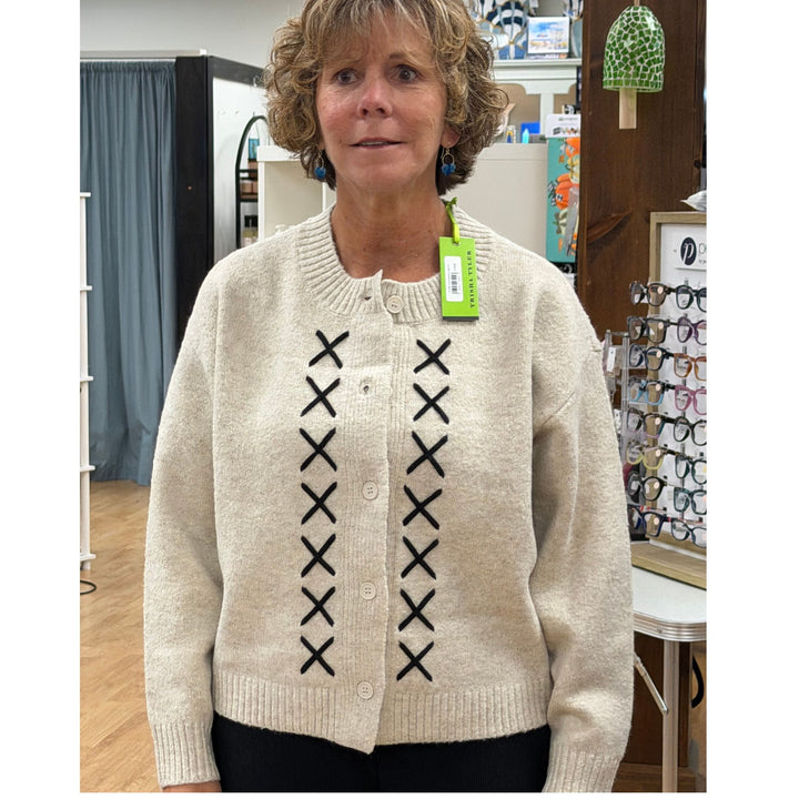 Trisha Tyler Oatmeal x-Stitch Button Cardigan