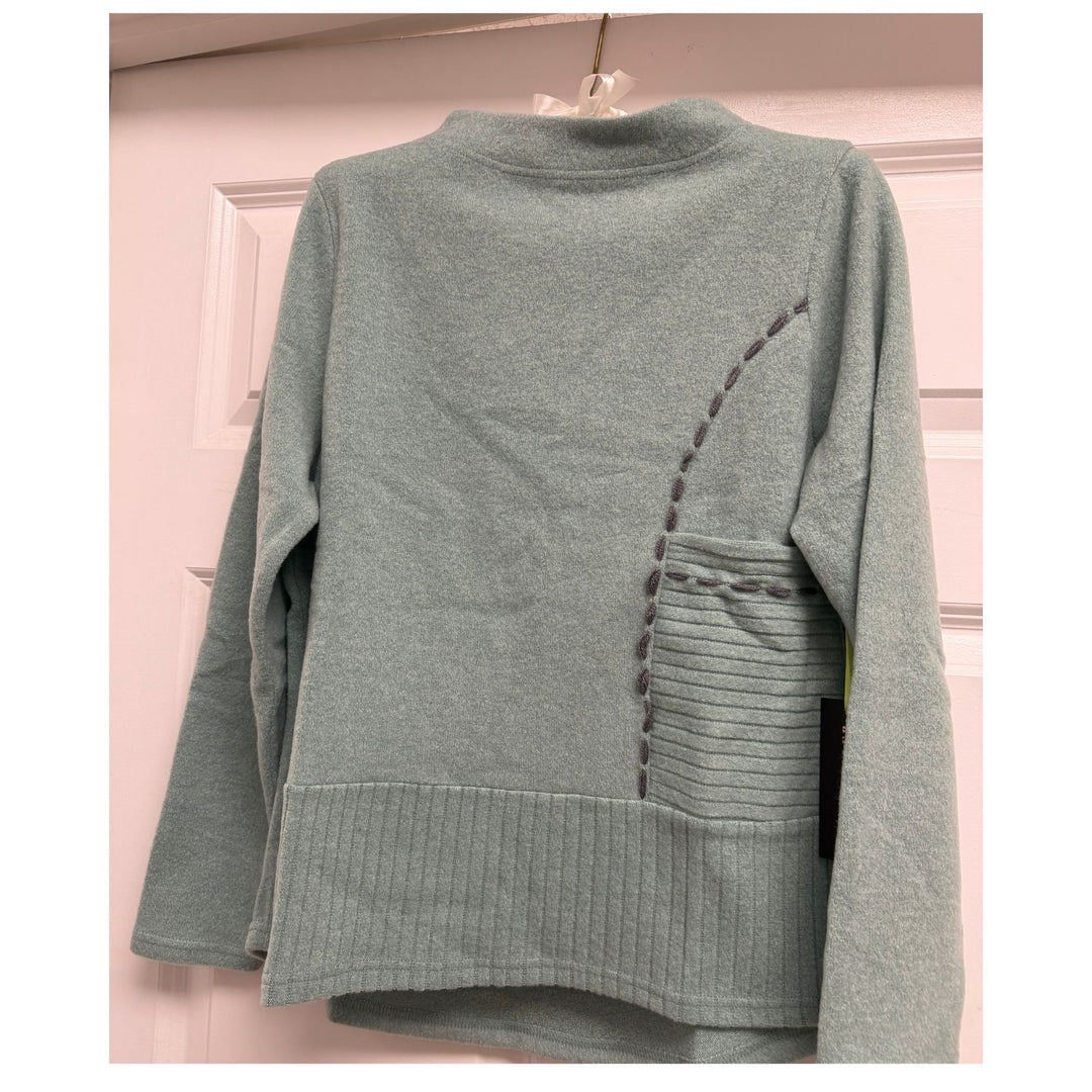 Trisha Tyler Turquoise Blanket Stitch Pocket Sweater