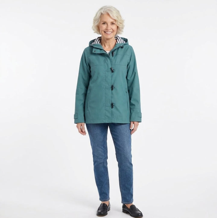 Water-resistant Raincoat with Detachable Hood &amp; Nautical Button Detail (Teal, Navy, Royal Blue)