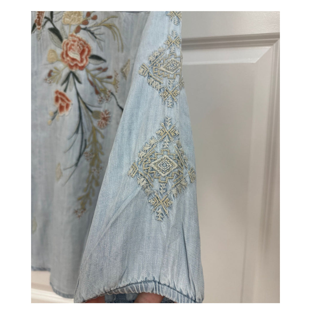 Kyla Seo Floral Embroidered Tencel Blouse - Light Wash Blue / Women&