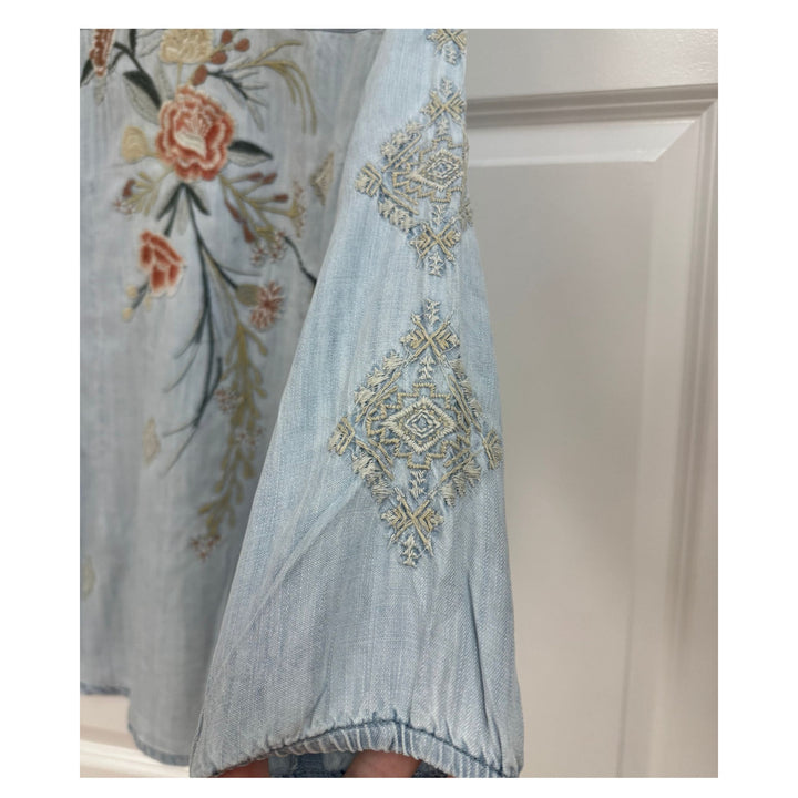 Kyla Seo Floral Embroidered Tencel Blouse - Light Wash Blue / Women&