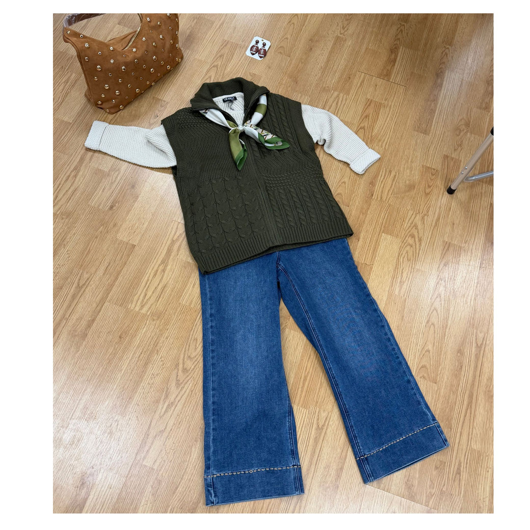Picadilly Cable Knit Zip Front Sweater Vest - Sandstone or Dark Olive
