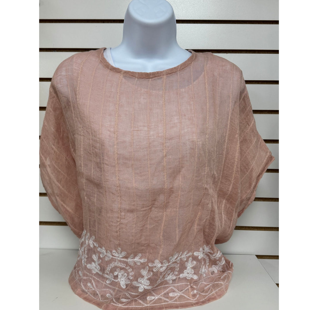 Soft Pink Embroidered Linen Venice Top - One Size