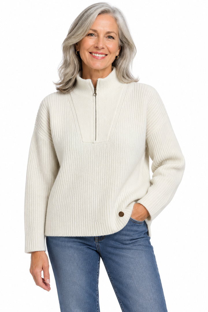 Batela Winter White Ribbed Quarter-Zip Sweater