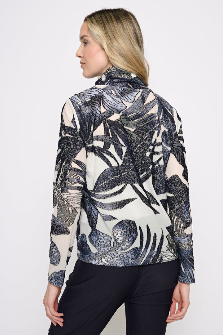 Picadilly Botanical Print Draped Neck top / Deep Denim &amp; Ivory