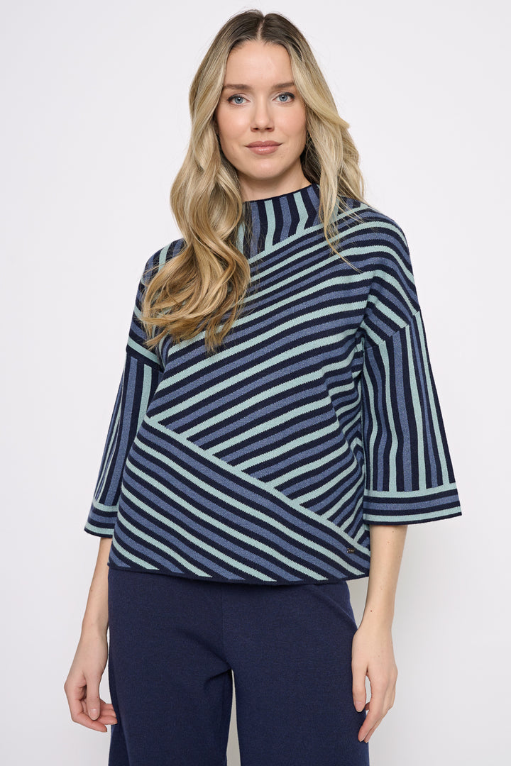 Picadilly Mixed Stripe Mock Neck Sweater Knit Top / Navy Multi