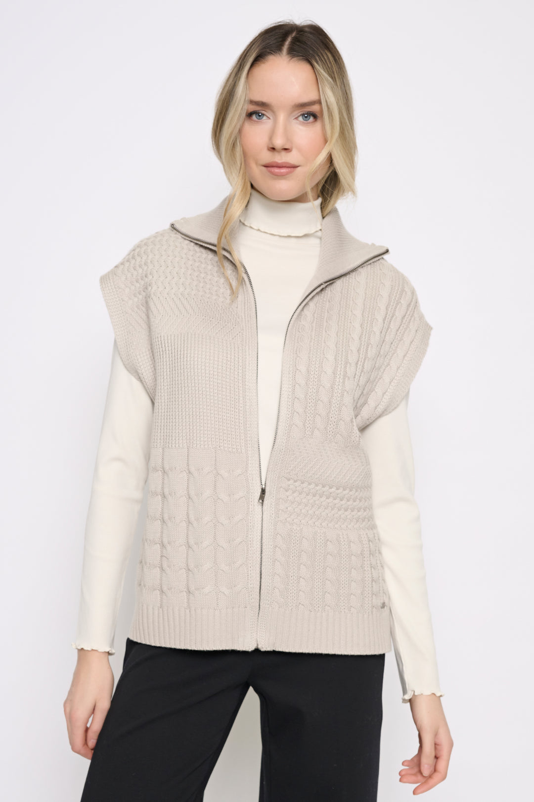 Picadilly Cable Knit Zip Front Sweater Vest - Sandstone or Dark Olive
