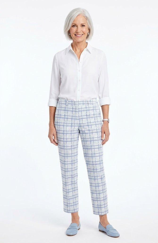 Lisette Pastel Blue &amp; White Grid Crop Pant with Hidden Zip &amp; Button Waist