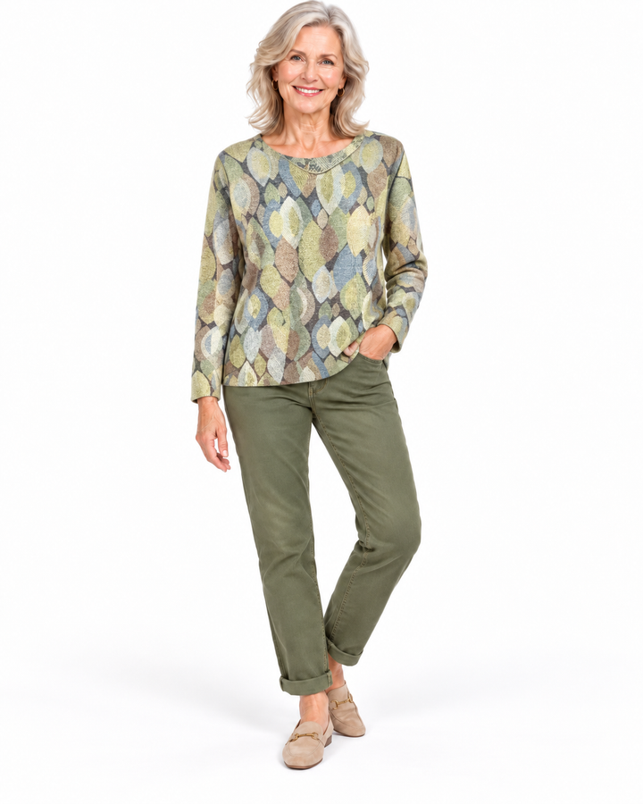 Trisha Tyler Reversible Olive Multi Print Top