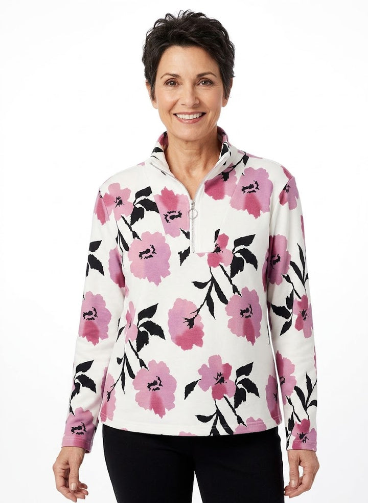 Floral Quarter Zip, Long Sleeve Pullover Top