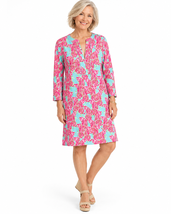 Sun Protection Dress - 3/4 Sleeve Slit Placket Dress Aqua  Pink