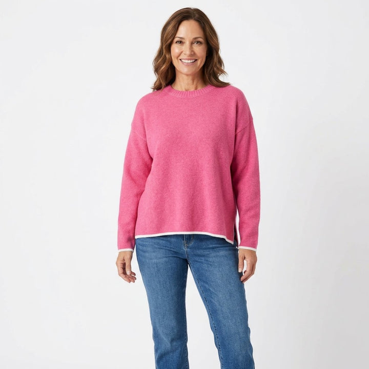Batela Hot Pink Oversized Crewneck Sweater with White Trim