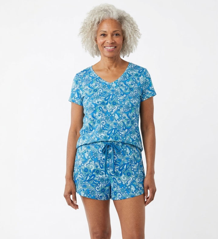 Amanda Blu Laguna Blue Pajama Short Set - V-Neck Top &amp; Drawstring Shorts