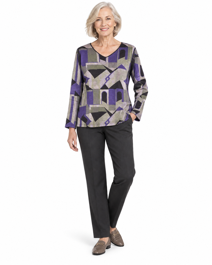 Trisha Tyler Purple Multi Reversible Abstract Knit Top