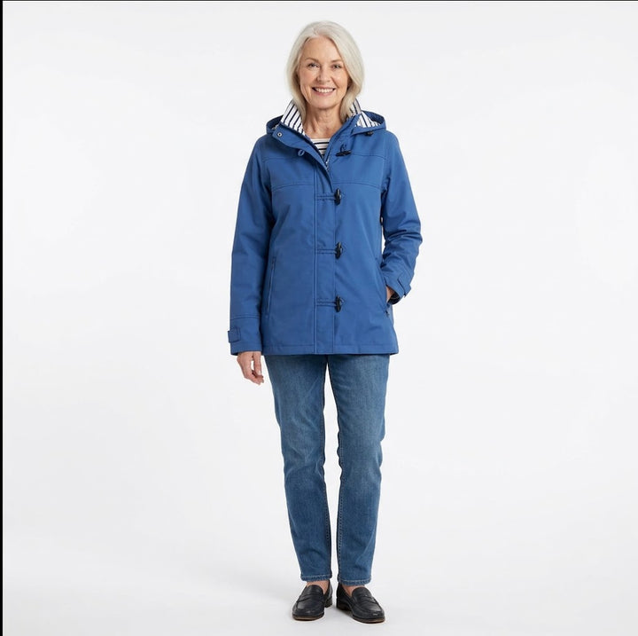 Royal Blue Water-Resistant Raincoat with Detachable Hood &amp; Nautical Button Detail