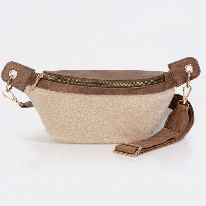 Sherpa Belt Bag Crossbody - Beige Faux Sherpa with Adjustable Strap