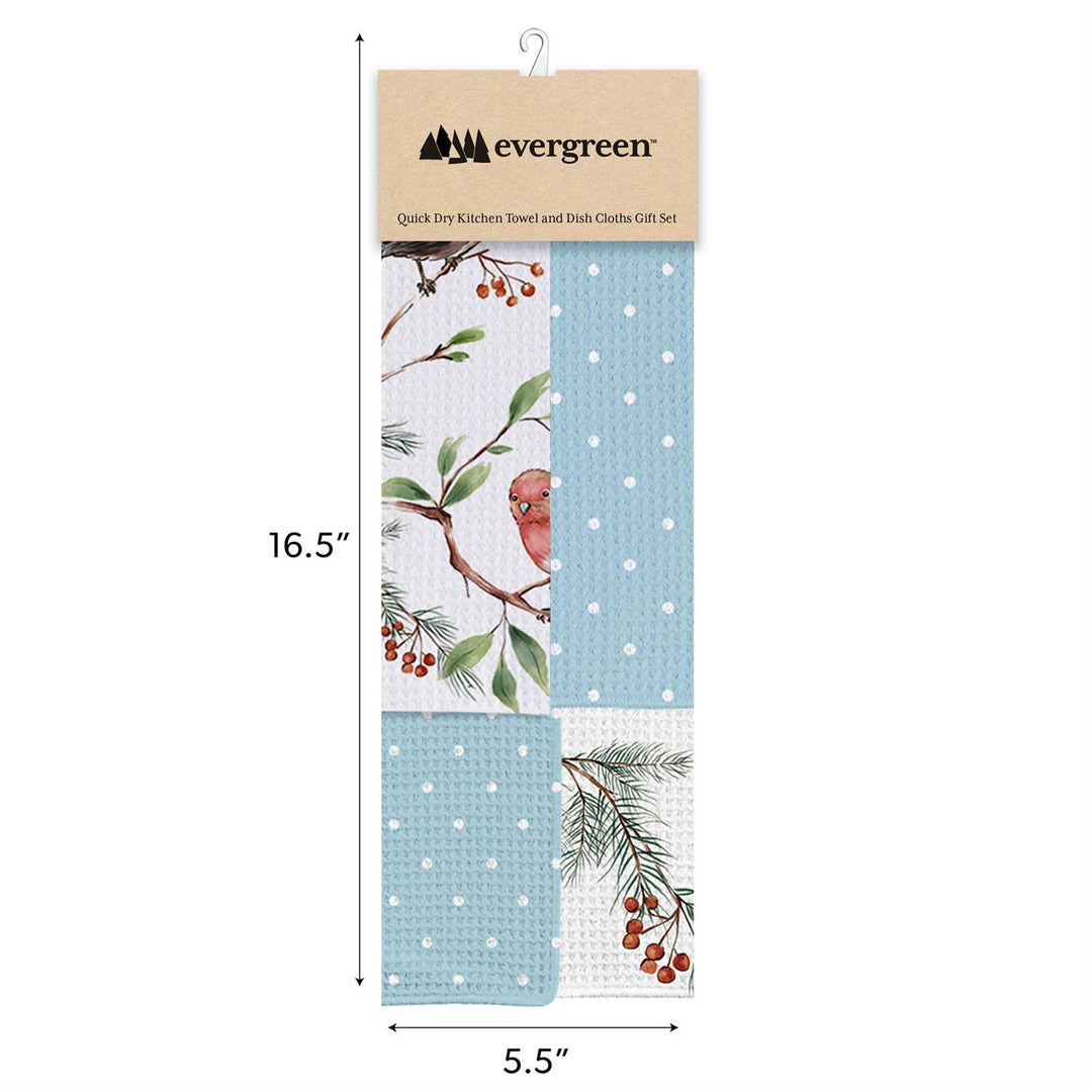 Winter Songbirds Quick-Dry Kitchen Towel &amp; Dish Cloth Set