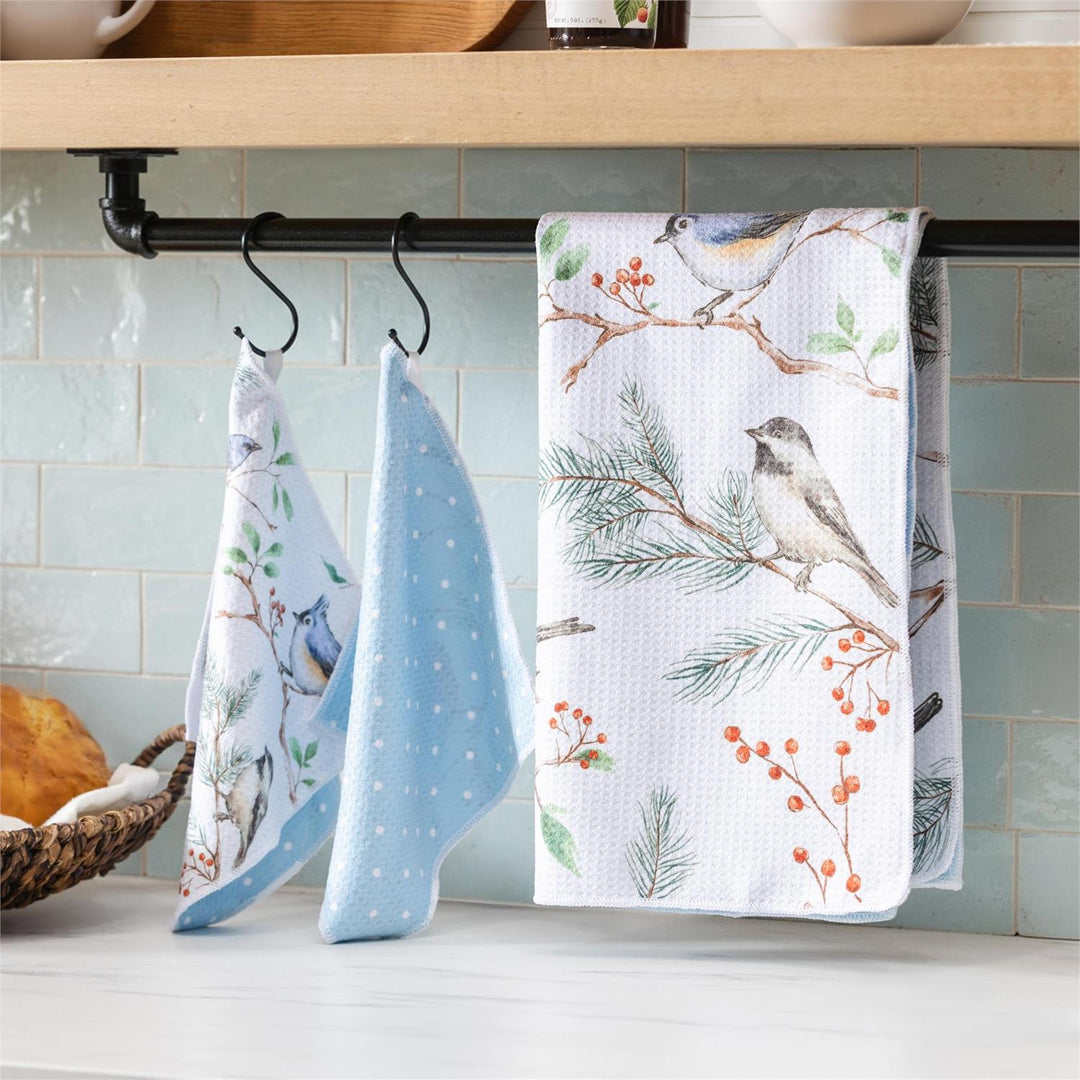 Winter Songbirds Quick-Dry Kitchen Towel &amp; Dish Cloth Set