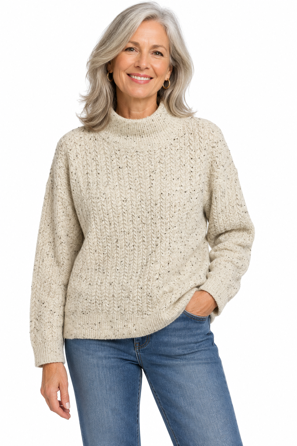 Trisha Tyler Natural Heather Textured Mock Neck Sweater