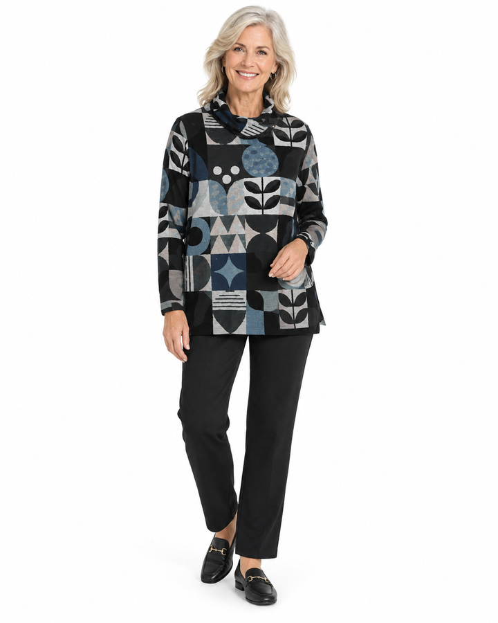 Trisha Tyler Teal Multi Soft Cowl Neck top