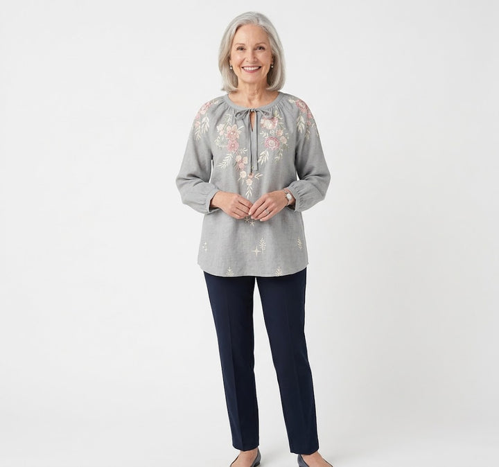 Embroiderd Linen Peasant Top - Sage Blue Floral Embroidery / 100% Linen