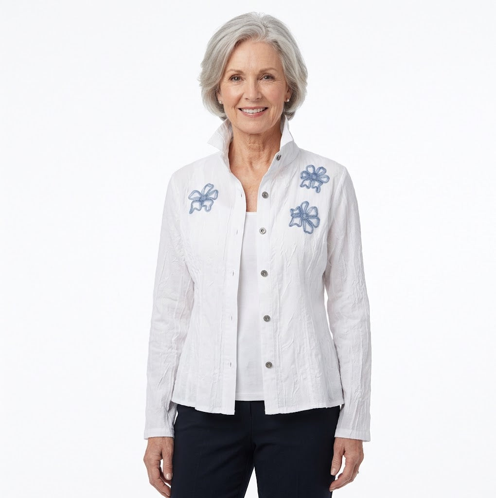White Button-Front Wire Collar Blouse/Long Sleeve Layering Top