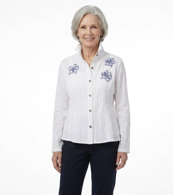 White Button-Front Wire Collar Blouse/Long Sleeve Layering Top